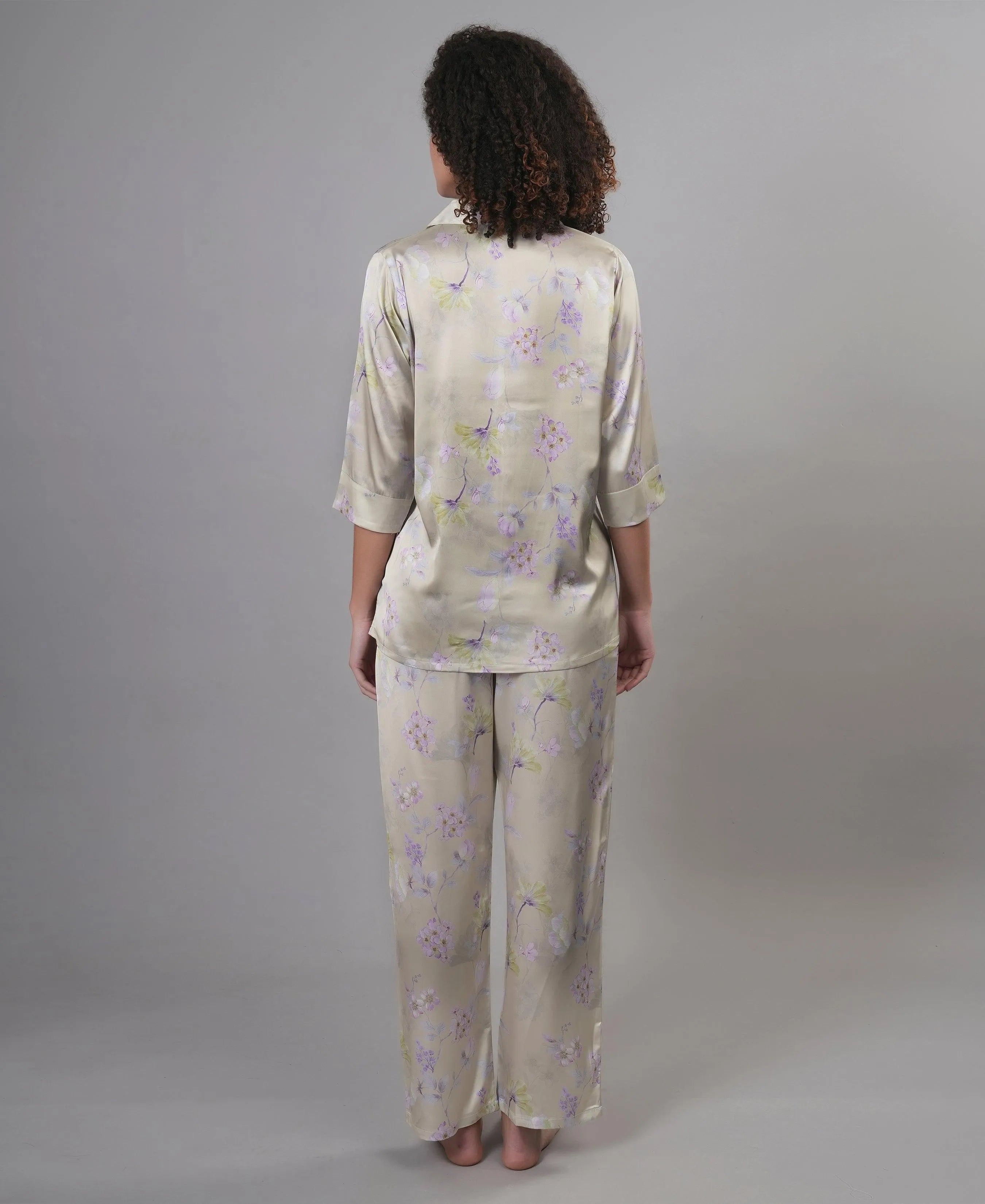 Velure Frenzy Floral Print Satin Night Suit - Velure, Shirt and Pant, Enhance your style with this ultra-comfortable, stunning Velure Frenzy Floral Print Satin Night Suit. Made from smooth satin fabric, known for its luxurious softness and unmatched comfort, this suit features a beautiful print pattern that brings joy. The set includes a shirt with full sleeves and full-length pants with an elastic waistband for an ideal fit. Prepare for a peaceful slumber and sweet dreams!