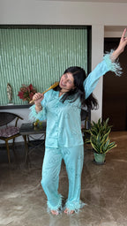 Velure Soothing Green Heart Fur Satin Sleepwear Set
