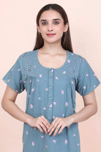 Velure Pleasing Floral Print Hosiery Nighty - Velure - - Floral Print, Full Length Nighty, Gathering Effect, Half Sleeves Nighty, Hosiery Cotton