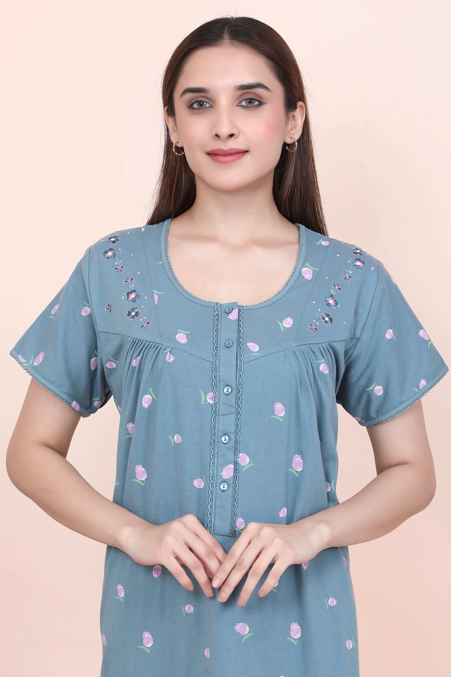 Velure Pleasing Floral Print Hosiery Nighty - Velure - - Floral Print, Full Length Nighty, Gathering Effect, Half Sleeves Nighty, Hosiery Cotton