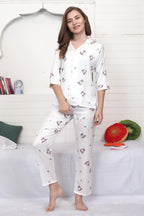 Velure Adorable White Floral Satin Night Suit