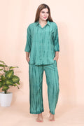 Velure Pleasing Green Palazzo Co-ord Set - Velure - - 3/4 Sleeves, Collar Neck, Cotton, Front Button Open, Full Length Pant