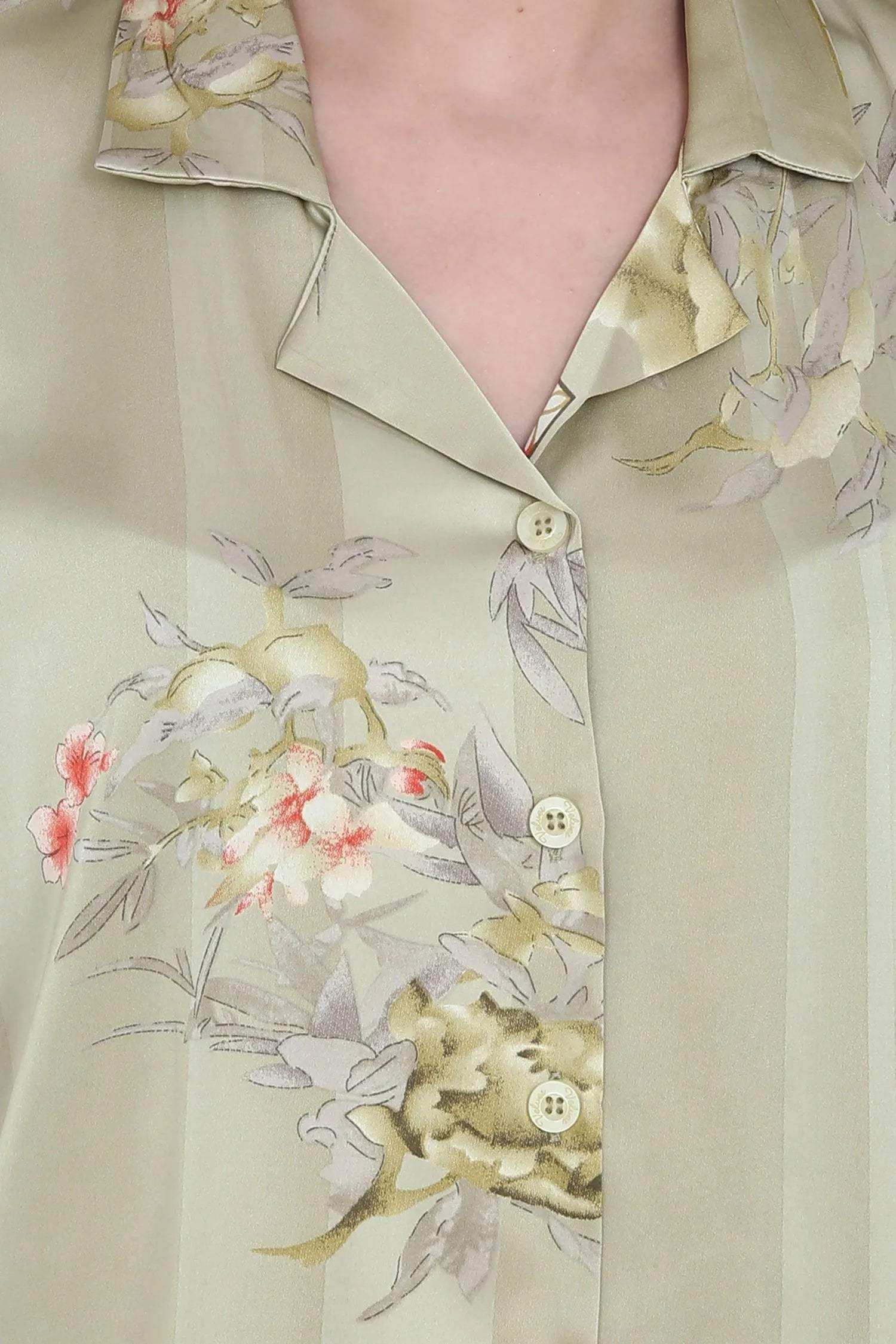 Velure Embellished Floral Print Satin Night Suit - Velure - - 3/4 Sleeves, Collar Neck, Floral Print, Front Button Open, Full Length Pant