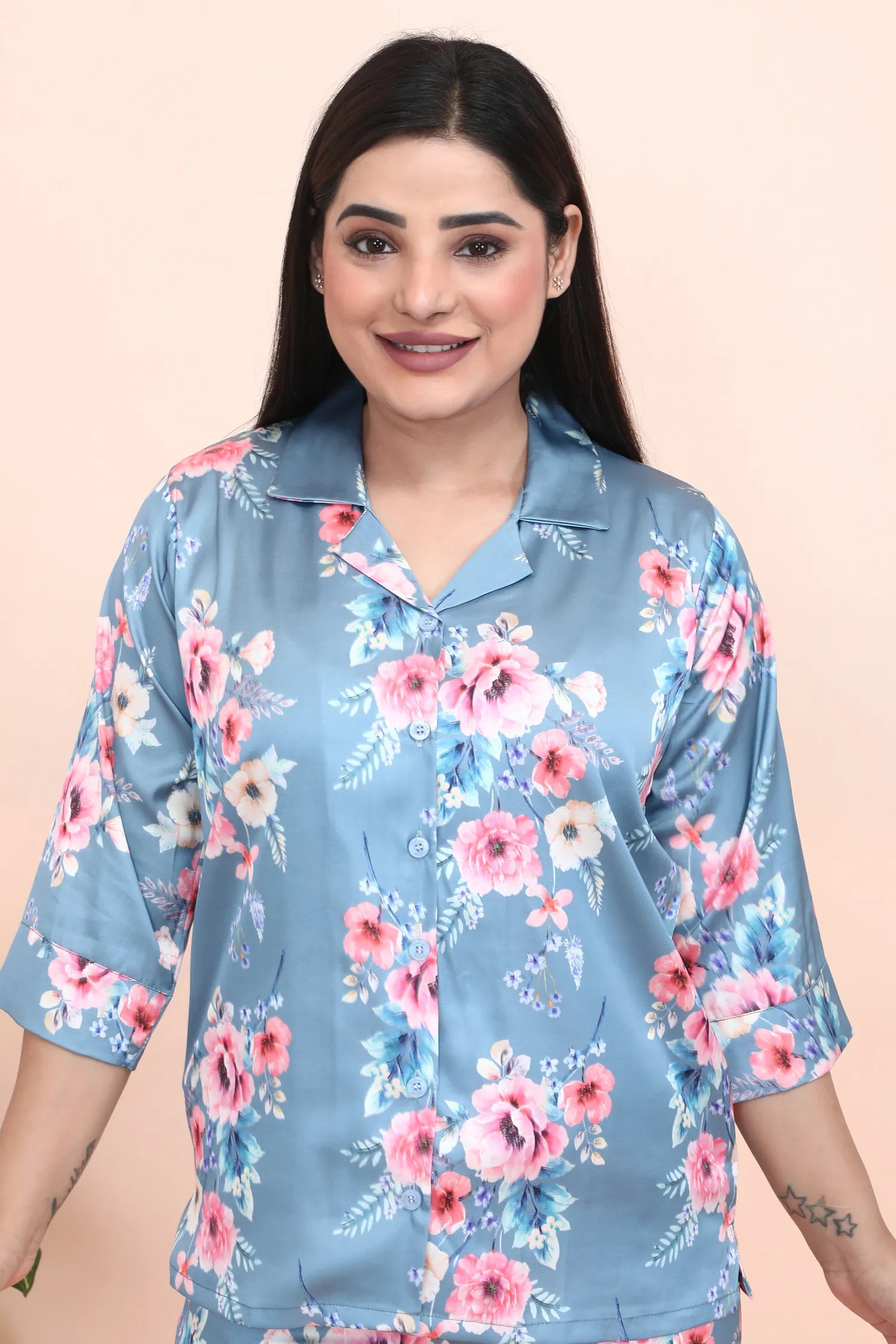 Velure Classic Elegant Floral Print Night Suit - Velure - - 3/4 Sleeves, Collar Neck, Floral Print, Front Button Open, Full Length Pant, Satin