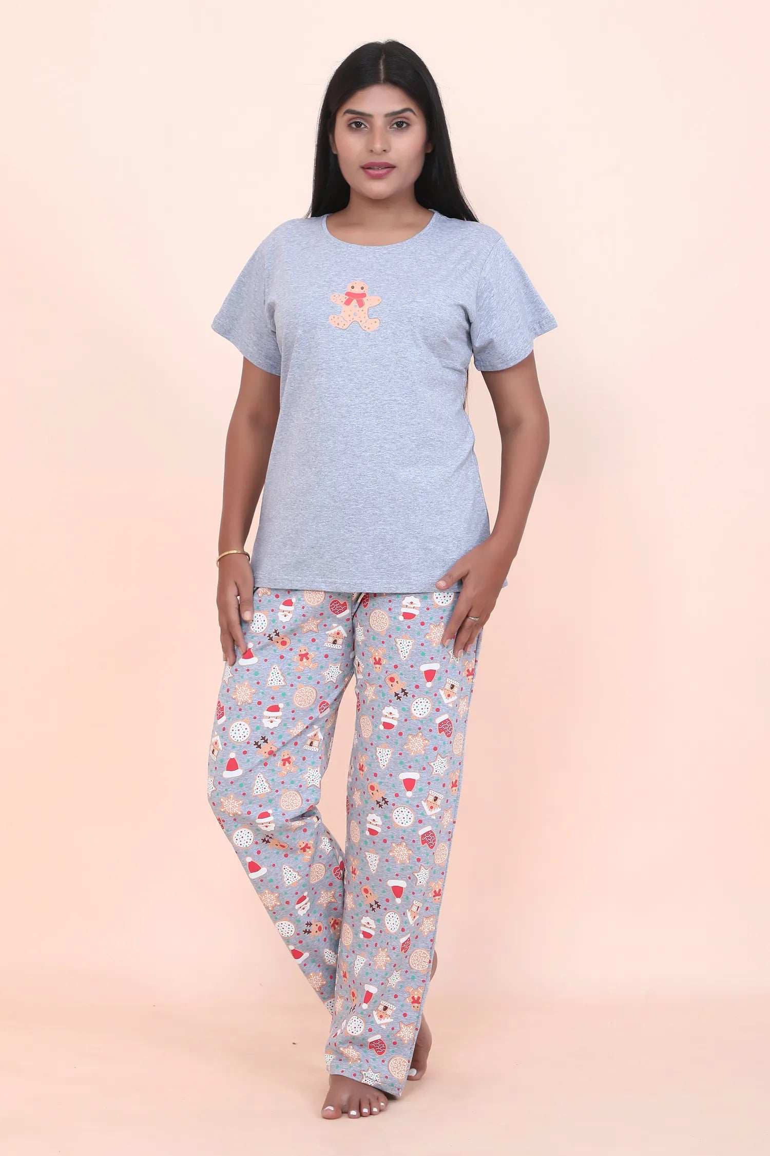 Velure Gingerbread Cookie Print Pajama Set - Velure - - Cotton Lycra Fabric, Full Length Pant, Half Sleeves, Round neck nightsuit