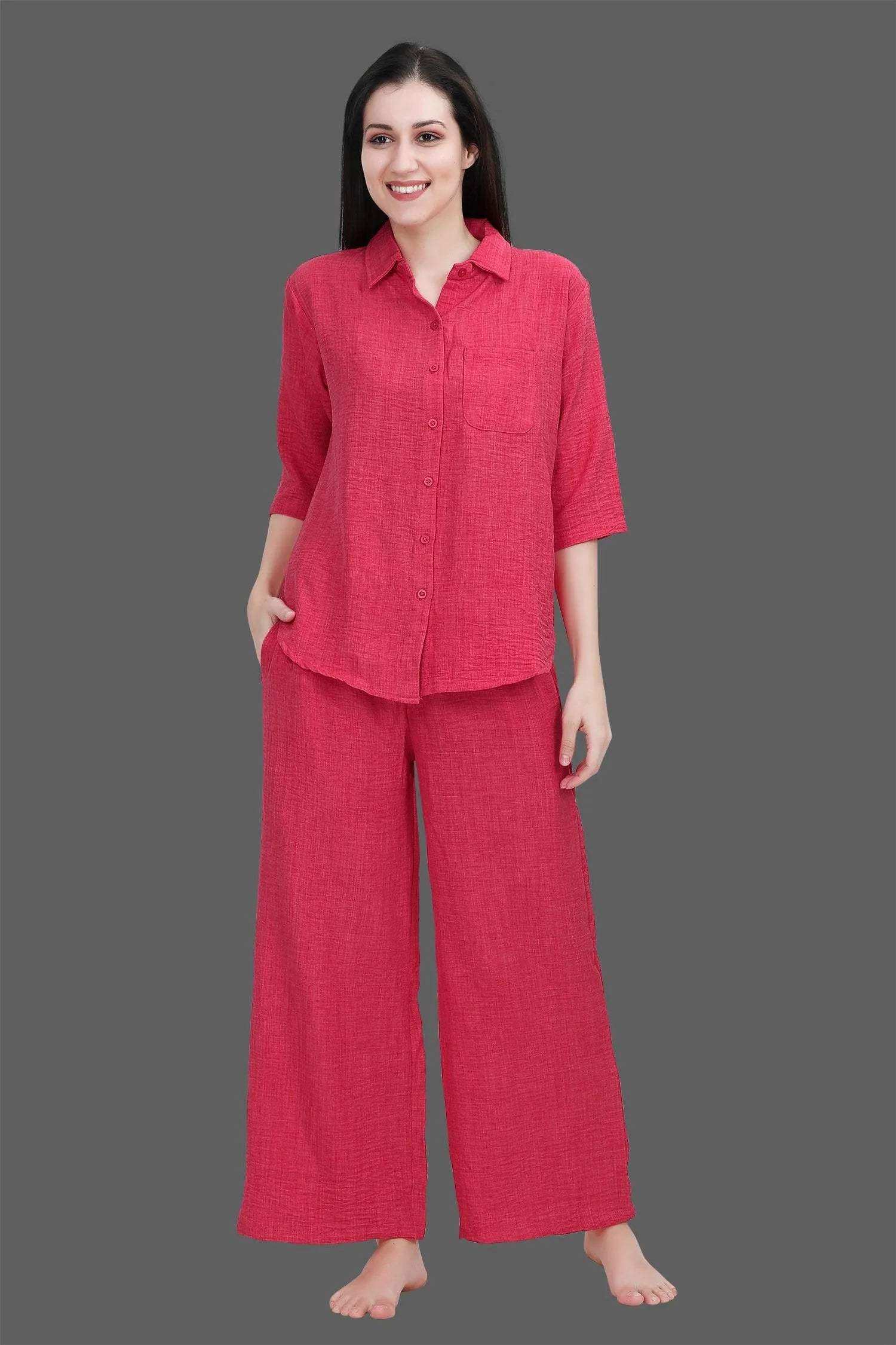 Velure Classic Palazzo Night Suit Set - Velure - - 3/4 Sleeves, Collar Neck, Front Button Open, Full Length Pant