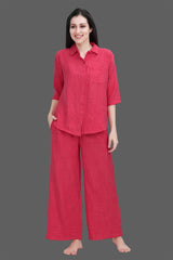 Velure Classic Palazzo Co-ord Set - Velure - Long Top and Pant - 3/4 Sleeves, Collar Neck, Front Button Open, Full Length Pant