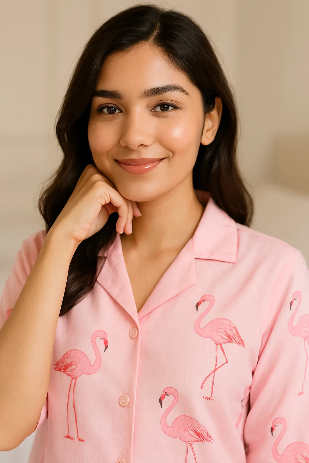 Velure Adorable Pink Flamingo Print Cotton Night Suit