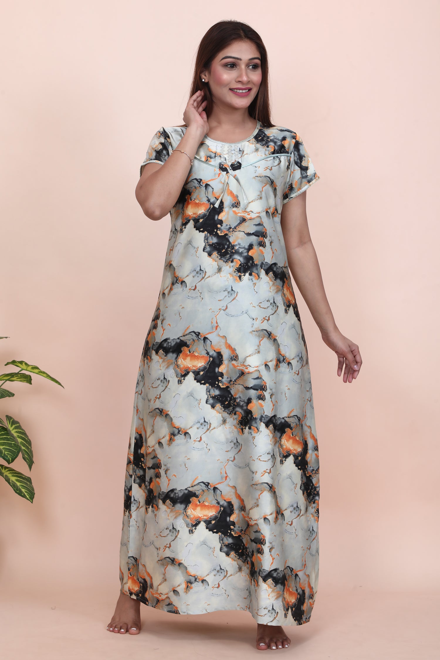 Velure Shiny Abstract Grey Satin Nighty - Velure - - Full Length Nighty, Half Sleeves Nighty, Satin