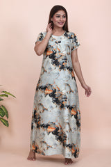 Velure Shiny Abstract Grey Satin Nighty - Velure - - Full Length Nighty, Half Sleeves Nighty, Satin