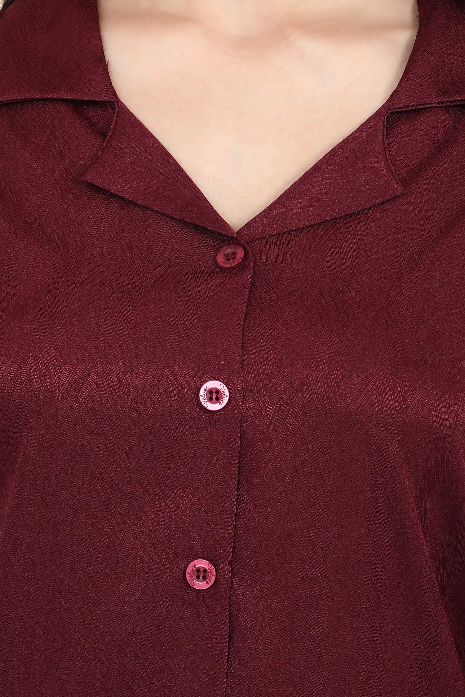 Velure Casual Maroon Satin Night Suit - Velure - Shirt and Pant - 3/4 Sleeves, Collar Neck, Front Button Open, Full Length Pant, Satin