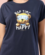 Velure Cute Teddy Bear Nap Time Short Nighty - Velure - - Cotton, Half Sleeves, Knee Length, Printed, Round neck