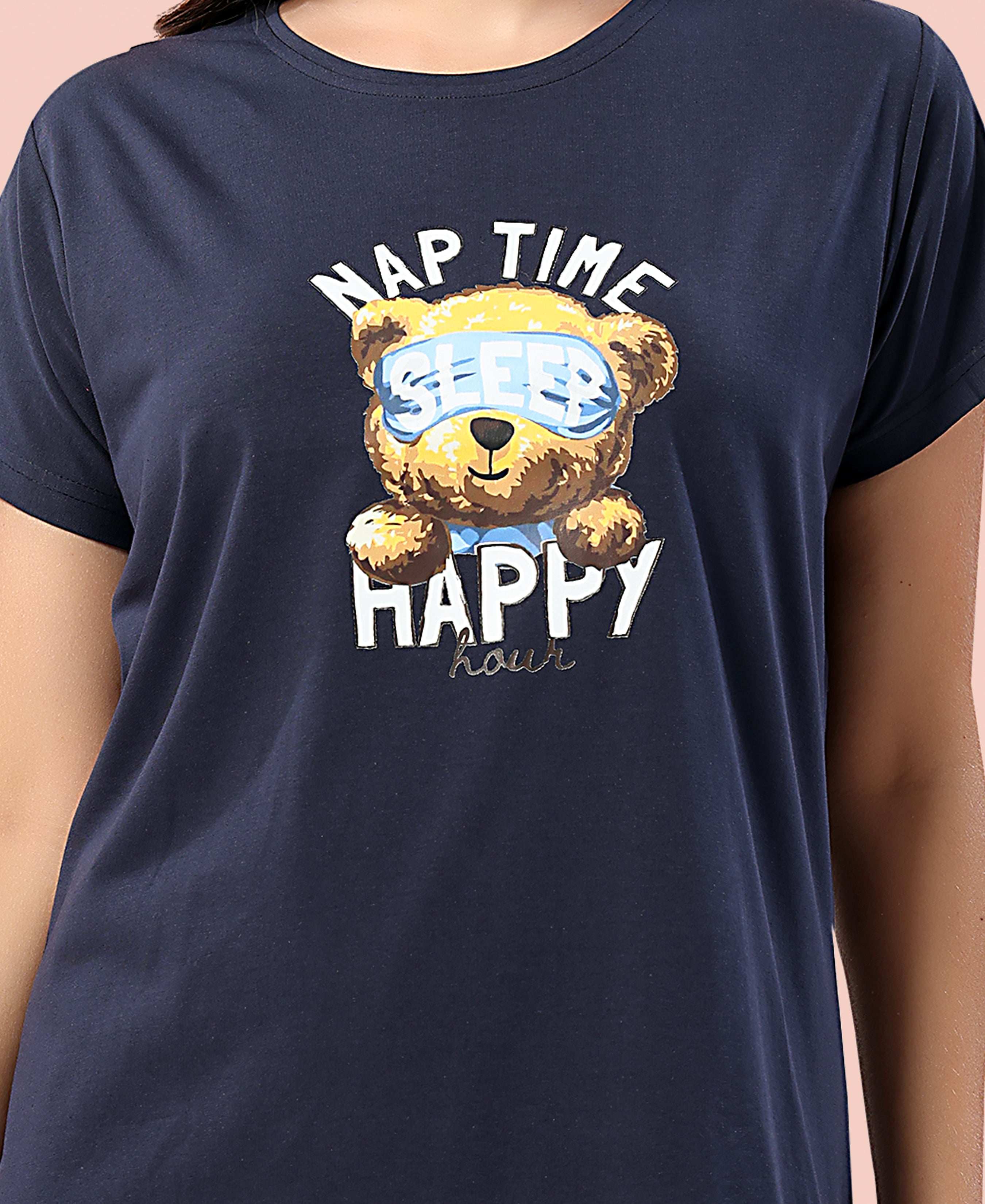 Velure Cute Teddy Bear Nap Time Short Nighty - Velure - - Cotton, Half Sleeves, Knee Length, Printed, Round neck