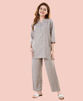 Velure Chic Grey Kurti Style Night Suit - Velure - - 3/4 Sleeves, Collar Neck, Cotton, Front Button Open, Full Length Pant