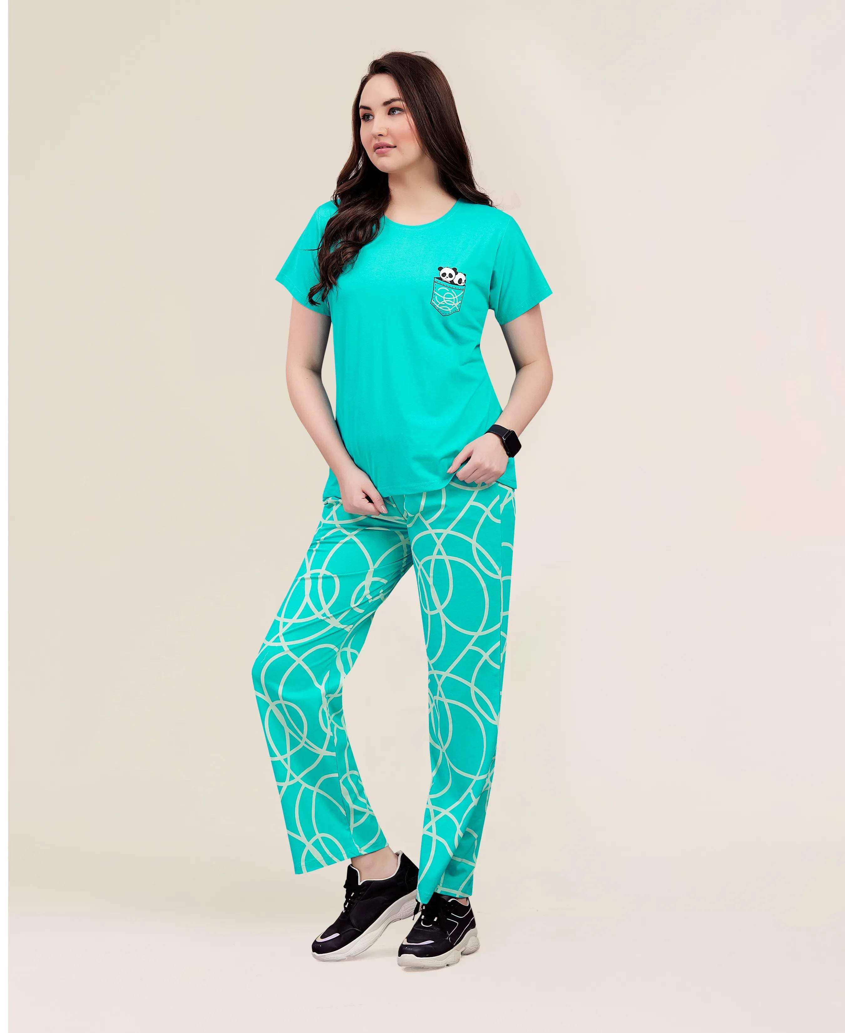 Velure Lovely Panda Print Pajama Set - Velure - - Cotton Lycra Fabric, Full Length Pant, Half Sleeves, Round neck nightsuit