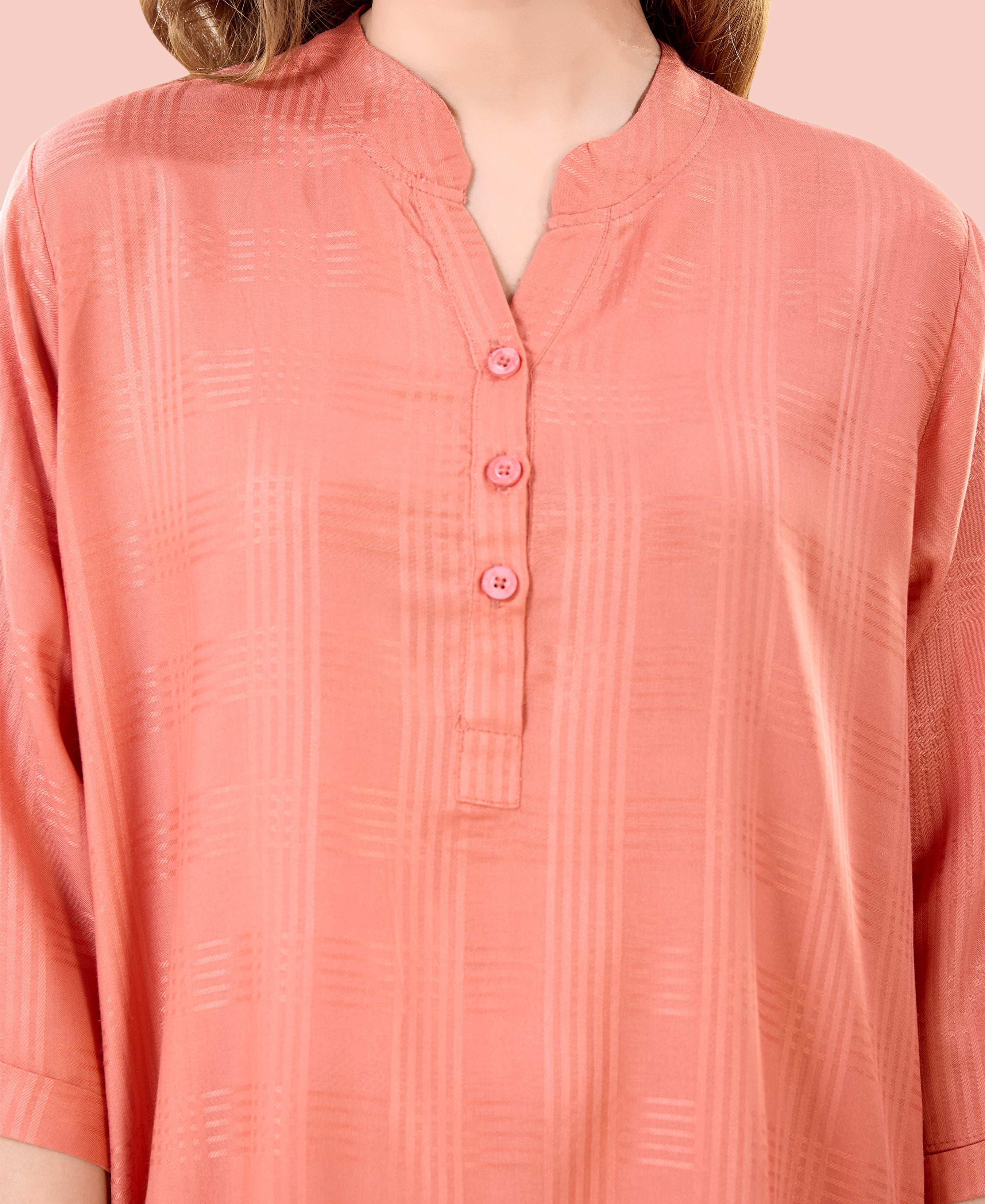 Velure Graceful Orange Kurti Style Night Suit - Velure - - 3/4 Sleeves, Collar Neck, Cotton, Front Button Open, Full Length Pant
