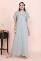 Velure Grey Floral Print Hosiery Nighty - Velure - - Full Length Nighty, Half Sleeves Nighty, Hosiery Cotton, Printed