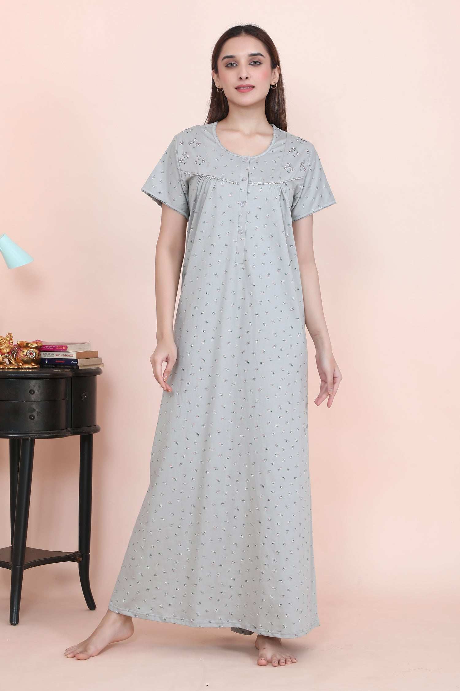 Velure Grey Floral Print Hosiery Nighty - Velure - - Full Length Nighty, Half Sleeves Nighty, Hosiery Cotton, Printed