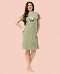 Velure Cozy Teddy Bear Nap Time Short Nighty - Velure - - Cotton, Knee Length, Printed, Round neck