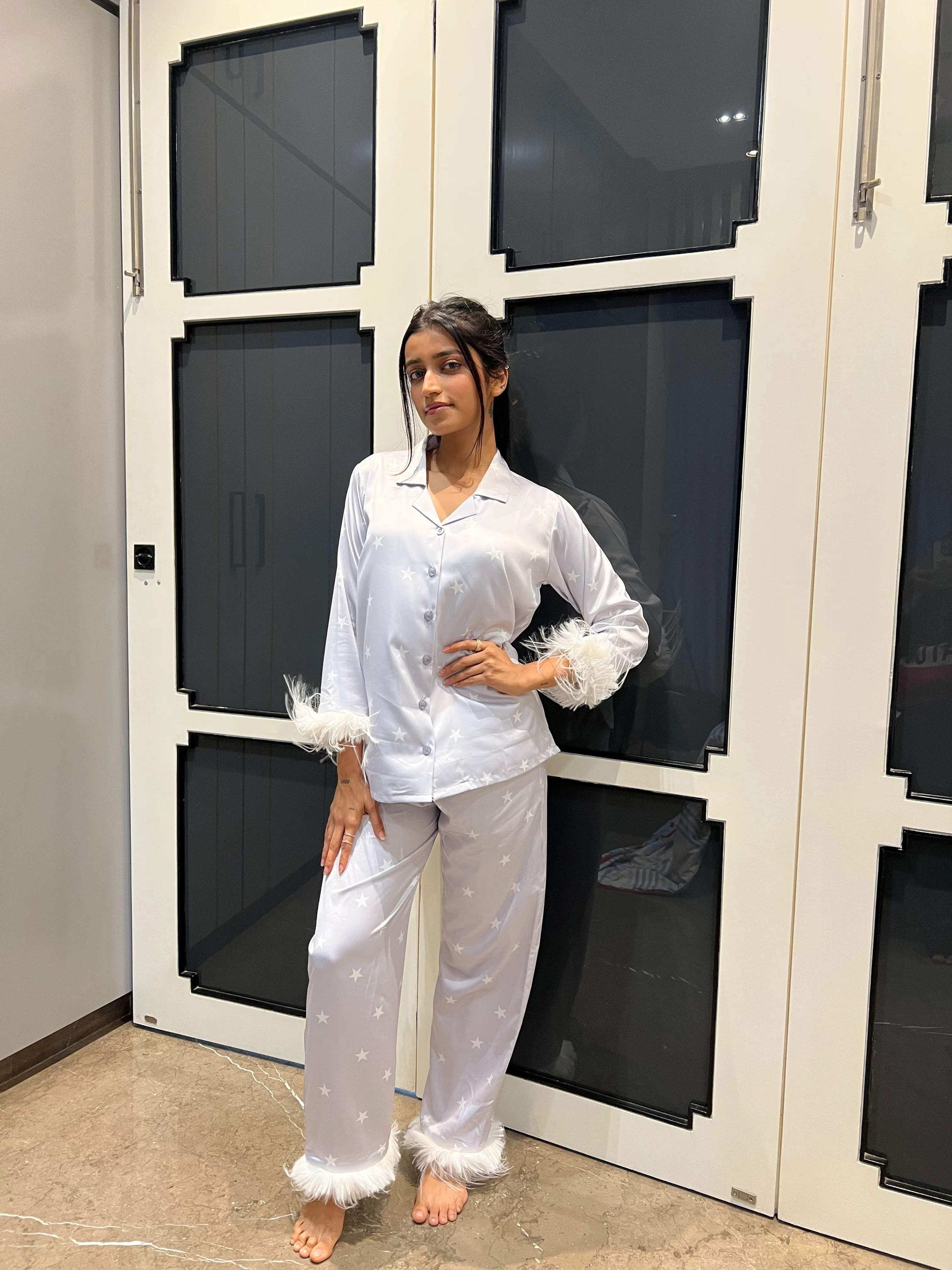 Velure Grey Shimmering Star Fur Satin Night Suit - Velure - Shirt and Pant - Front Button Open, Full Length Pant, Fur, Satin