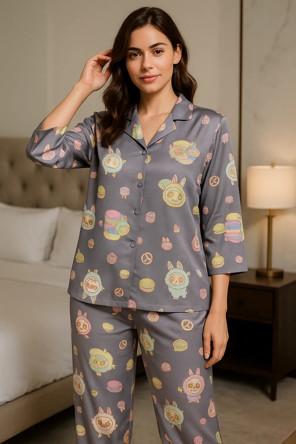 Velure Labubu Grey Satin Night Suit