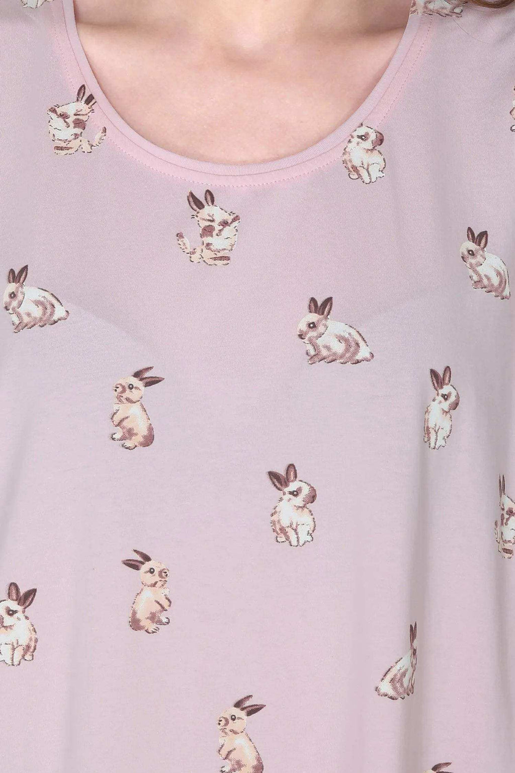 Velure Cute Bunny Print Short Nighty - Velure - - Cotton, Half Sleeves, Knee Length, Printed, Round neck