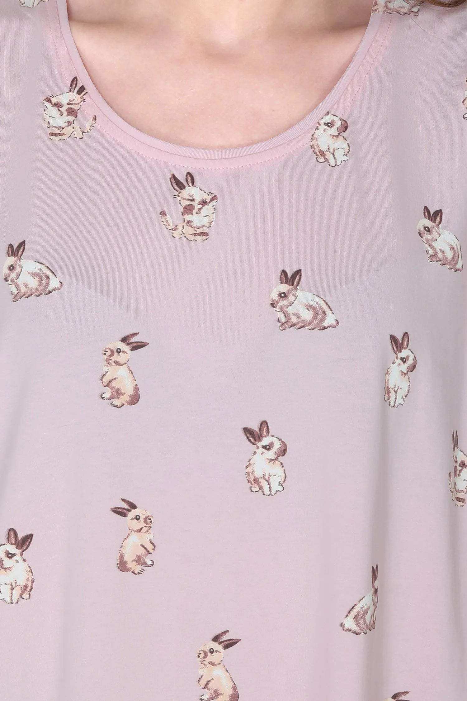 Velure Cute Bunny Print Short Nighty - Velure - - Cotton, Half Sleeves, Knee Length, Printed, Round neck