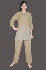 Velure Pleasing Dual Shade Kurti Style Night Suit - Velure - Long Top and Pant - 3/4 Sleeves, Collar Neck, Cotton, Front Button Open, Full Length Pant