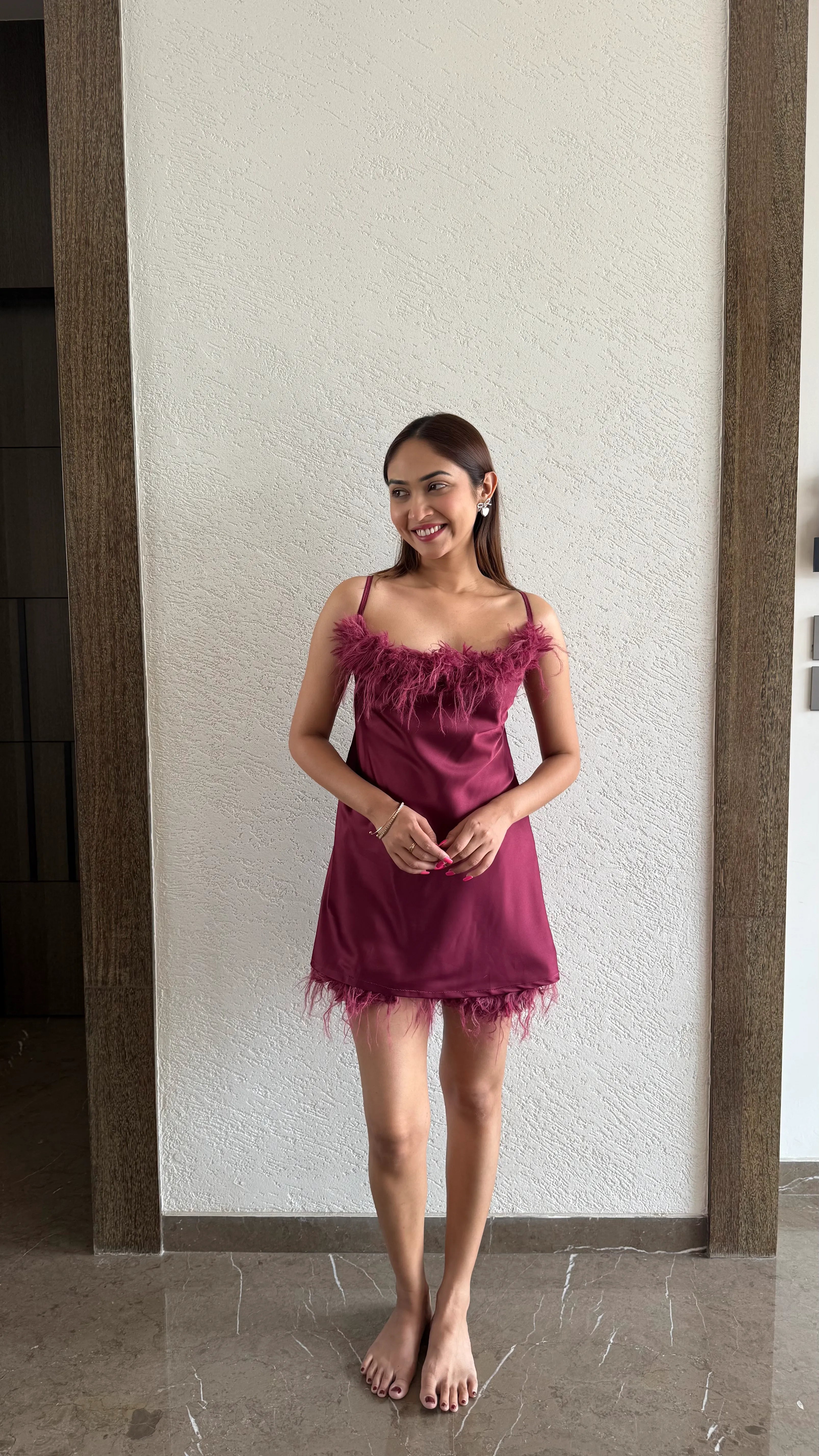 Velure Feathery Maroon Spaghetti Shorts Set