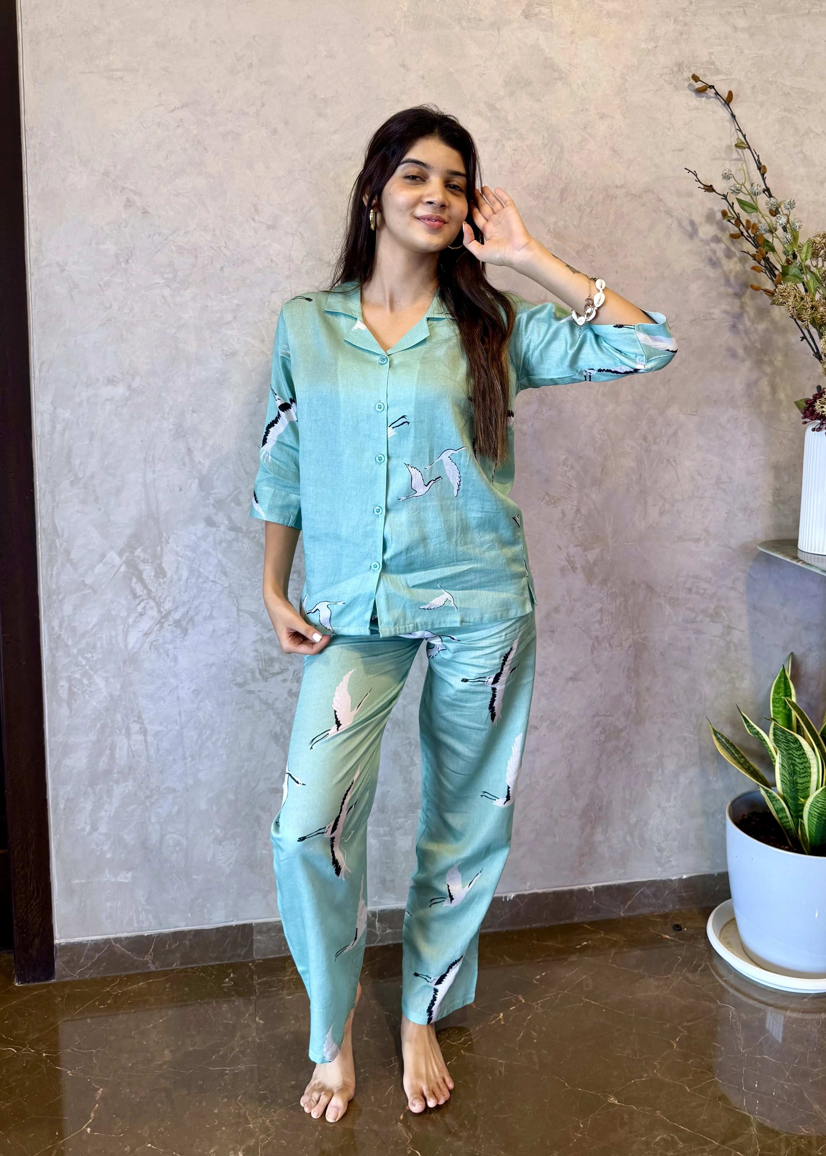 Velure Green Swan Cotton Night Suit - Velure - - 3/4 Sleeves, Collar Neck, Cotton, Front Button Open, Full Length Pant