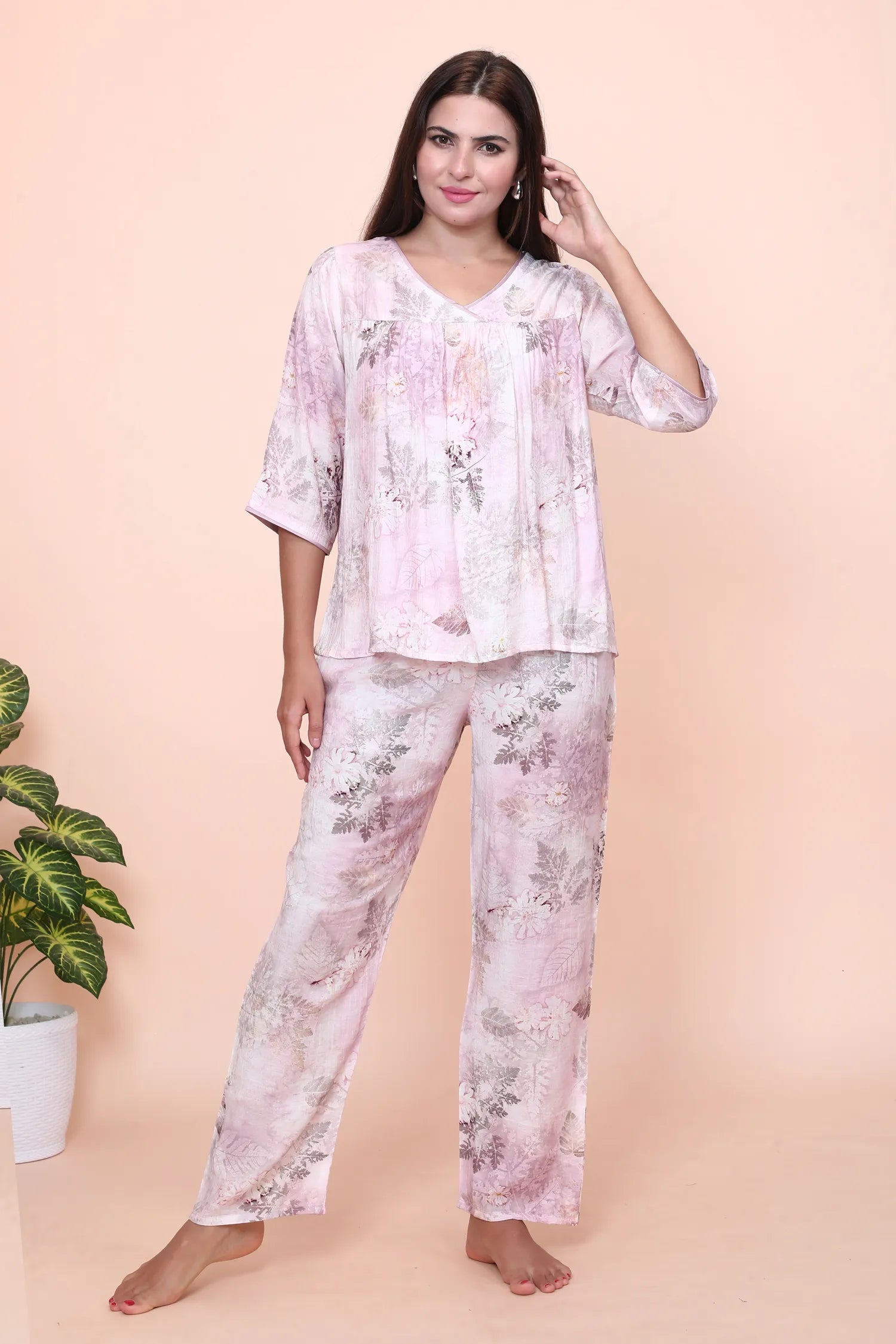 Velure Pink Leaves Print Frock-Style Night Suit - Velure - - 3/4 Sleeves, Cotton, Frock Style, Full Length Pant, Linen
