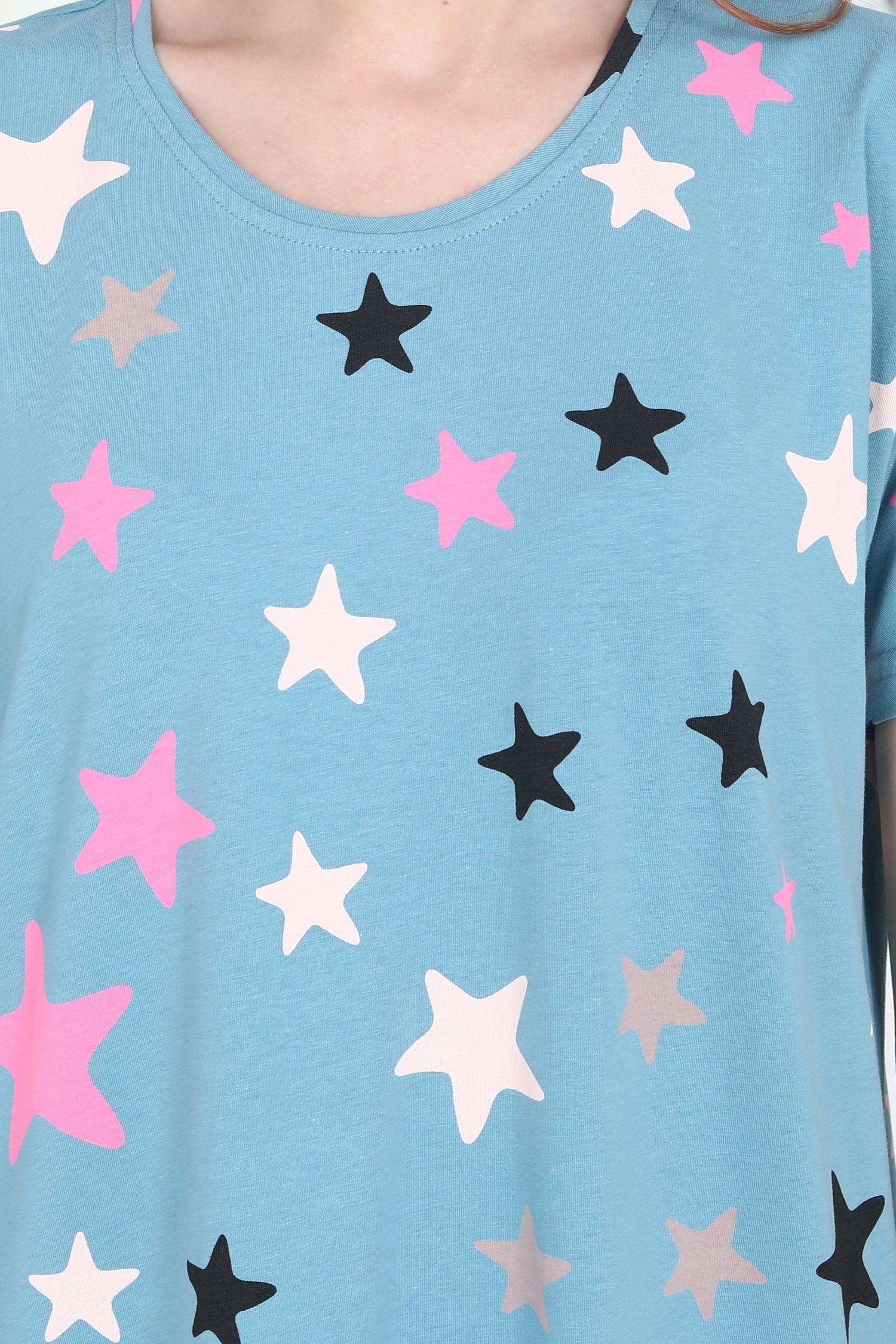 Velure Stars Print Short Nighty - Velure - Short Nighty - Cotton, Half Sleeves, Knee Length, Printed, Round neck