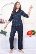 Velure Captivating Floral Print Satin Night Suit - Velure - - 3/4 Sleeves, Collar Neck, Floral Print, Front Button Open, Full Length Pant, Satin