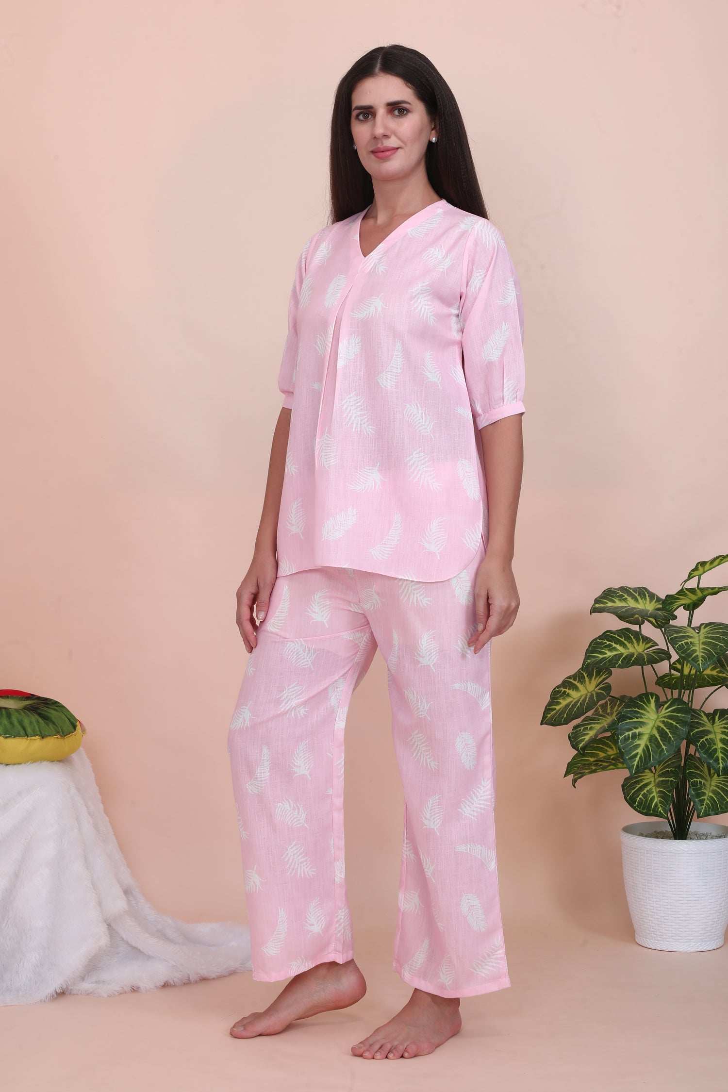 Velure Classic Pink Leaves Print Co-ord Set - Velure - - 3/4 Sleeves, Cotton, Full Length Pant, Linen, V Neck