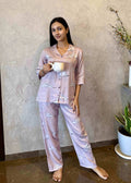 Velure Dreamy Peach Cloud Print Cotton Night Suit - Velure - - 3/4 Sleeves, Collar Neck, Cotton, Front Button Open, Full Length Pant