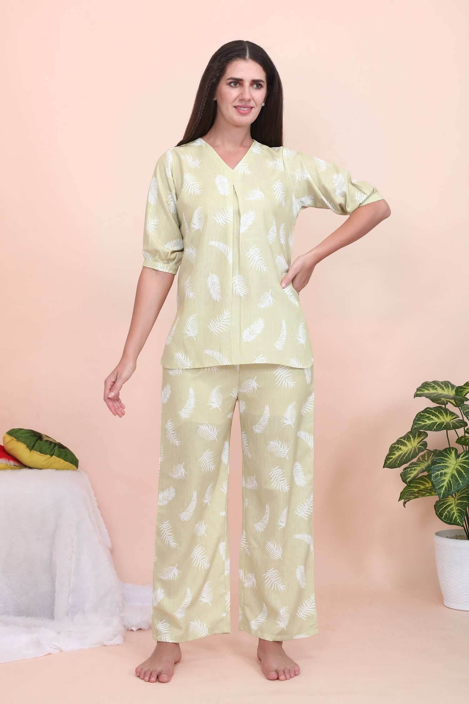 Velure Tunic Leaves Print Co-ord Set - Velure - - 3/4 Sleeves, Cotton, Full Length Pant, Linen, V Neck