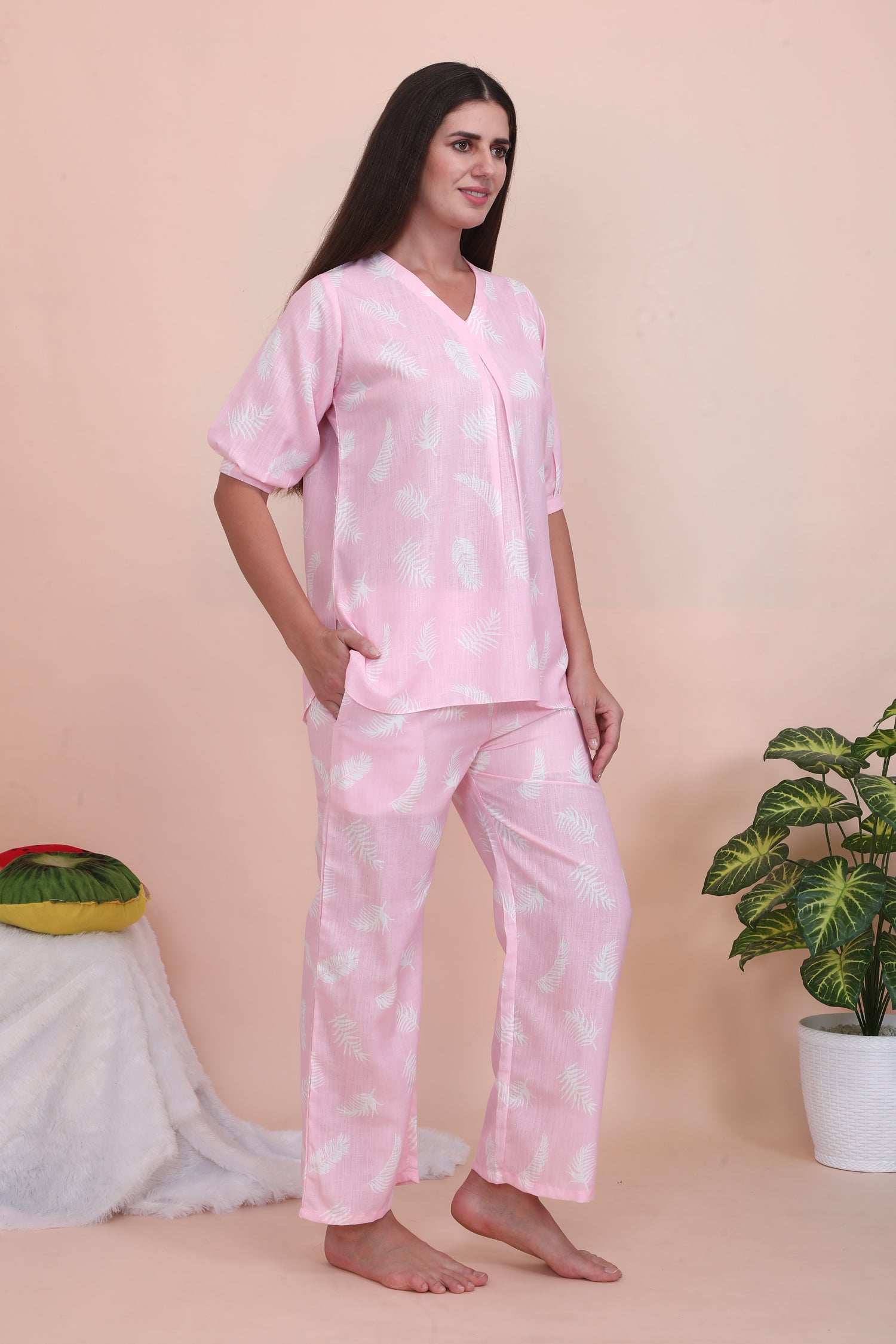 Velure Classic Pink Leaves Print Co-ord Set - Velure - - 3/4 Sleeves, Cotton, Full Length Pant, Linen, V Neck