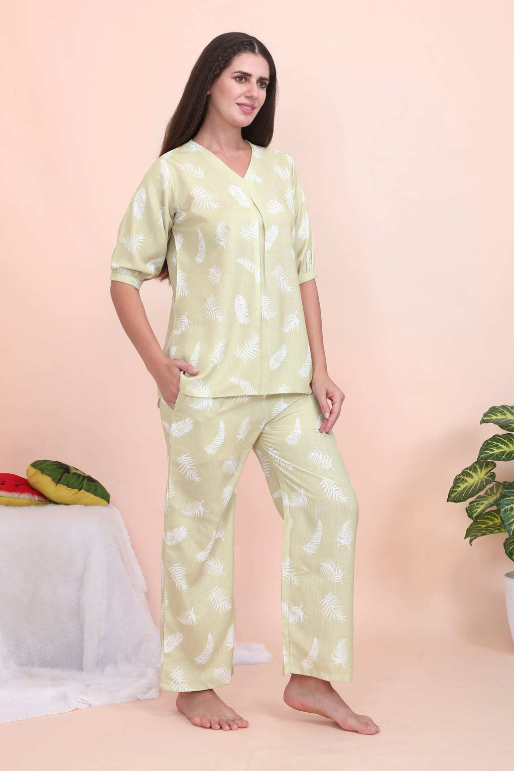 Velure Tunic Leaves Print Co-ord Set - Velure - - 3/4 Sleeves, Cotton, Full Length Pant, Linen, V Neck