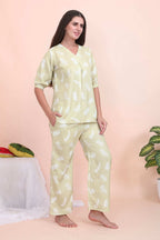 Velure Tunic Leaves Print Co-ord Set - Velure - - 3/4 Sleeves, Cotton, Full Length Pant, Linen, V Neck