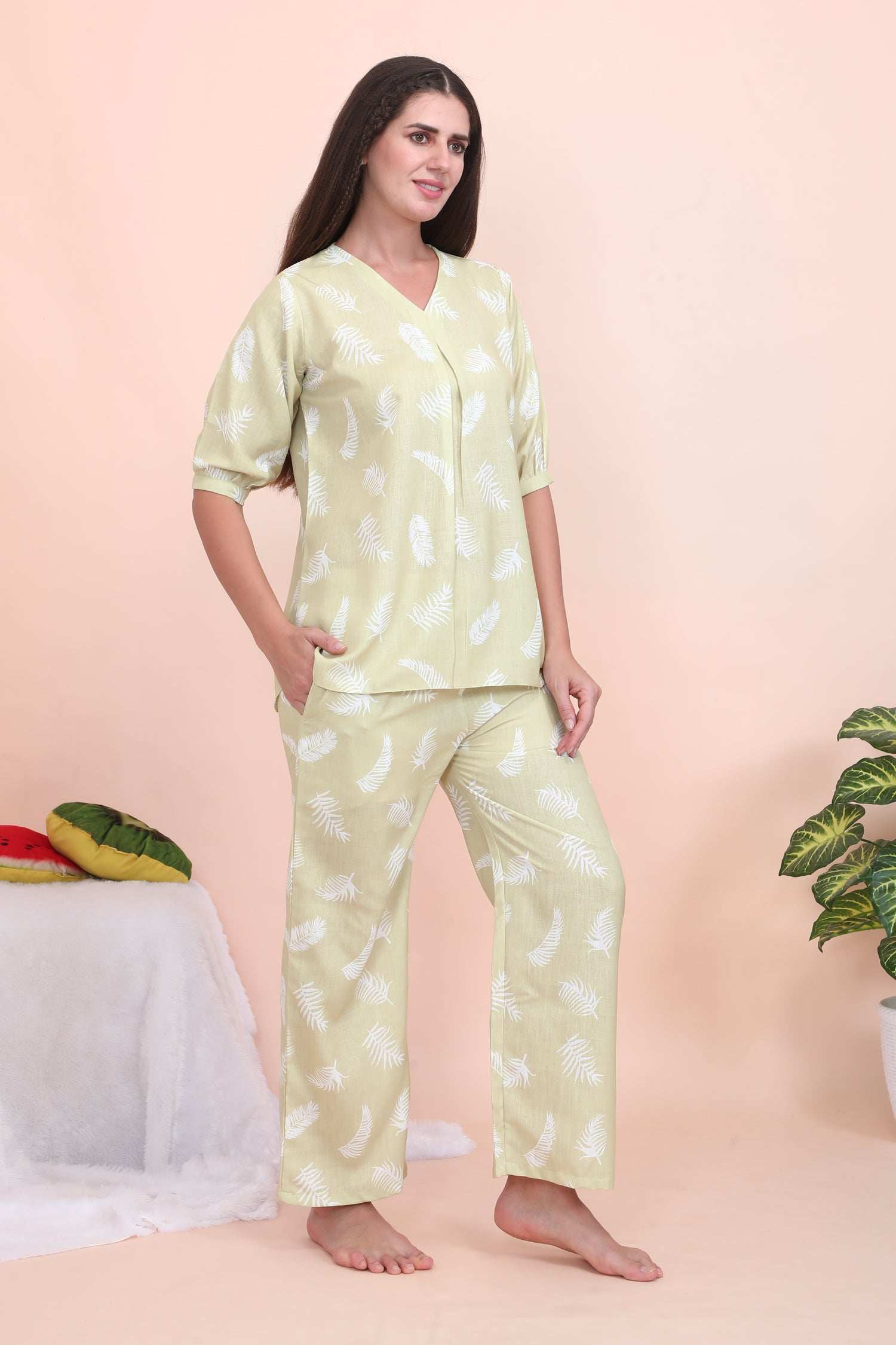 Velure Tunic Leaves Print Co-ord Set - Velure - - 3/4 Sleeves, Cotton, Full Length Pant, Linen, V Neck