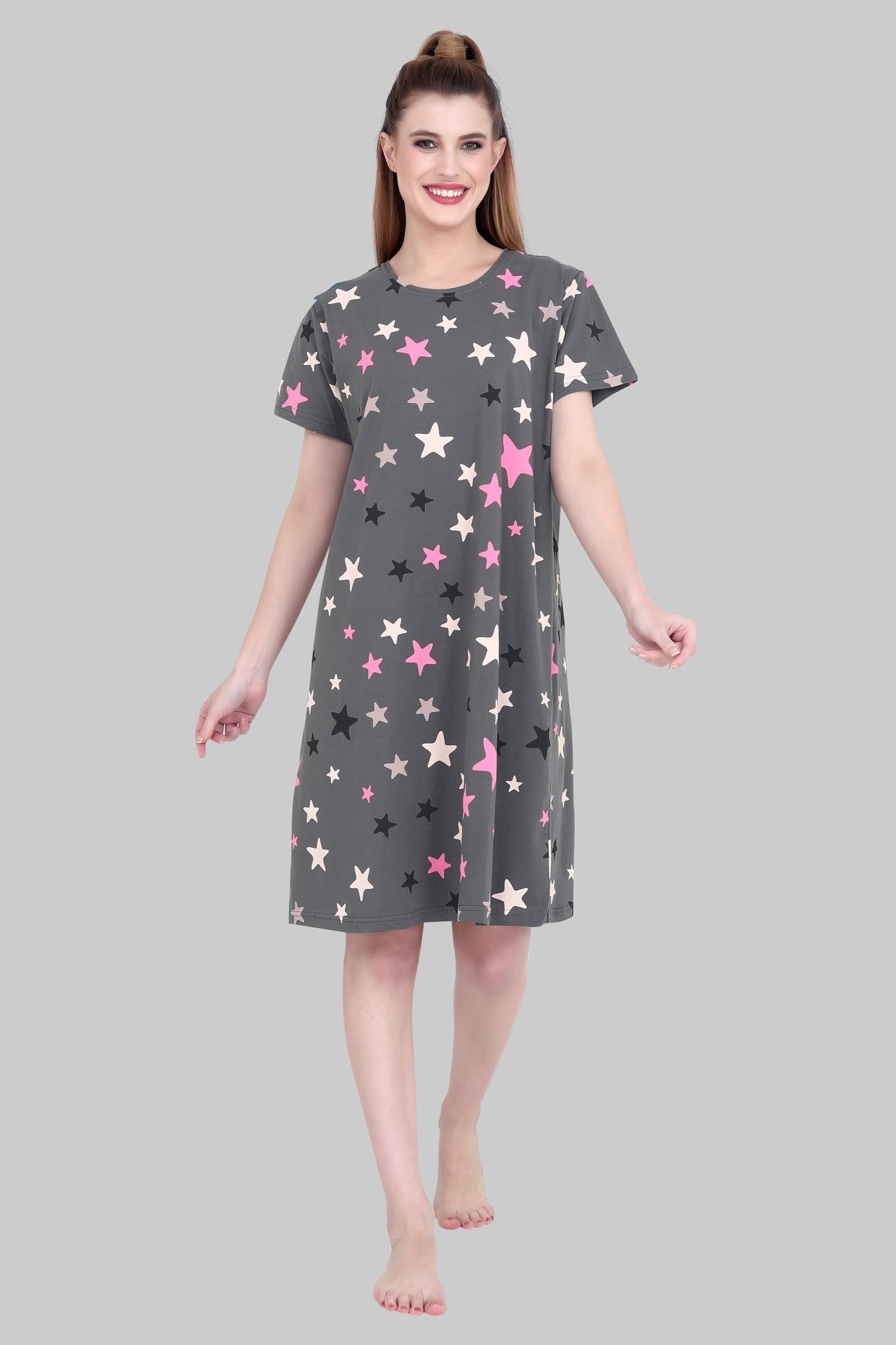 Velure Multi-Color Stars Print Short Nighty - Velure - Short Nighty - Cotton, Half Sleeves, Knee Length, Printed, Round neck