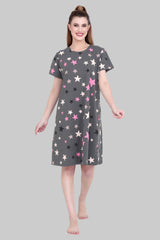 Velure Multi-Color Stars Print Short Nighty - Velure - Short Nighty - Cotton, Half Sleeves, Knee Length, Printed, Round neck