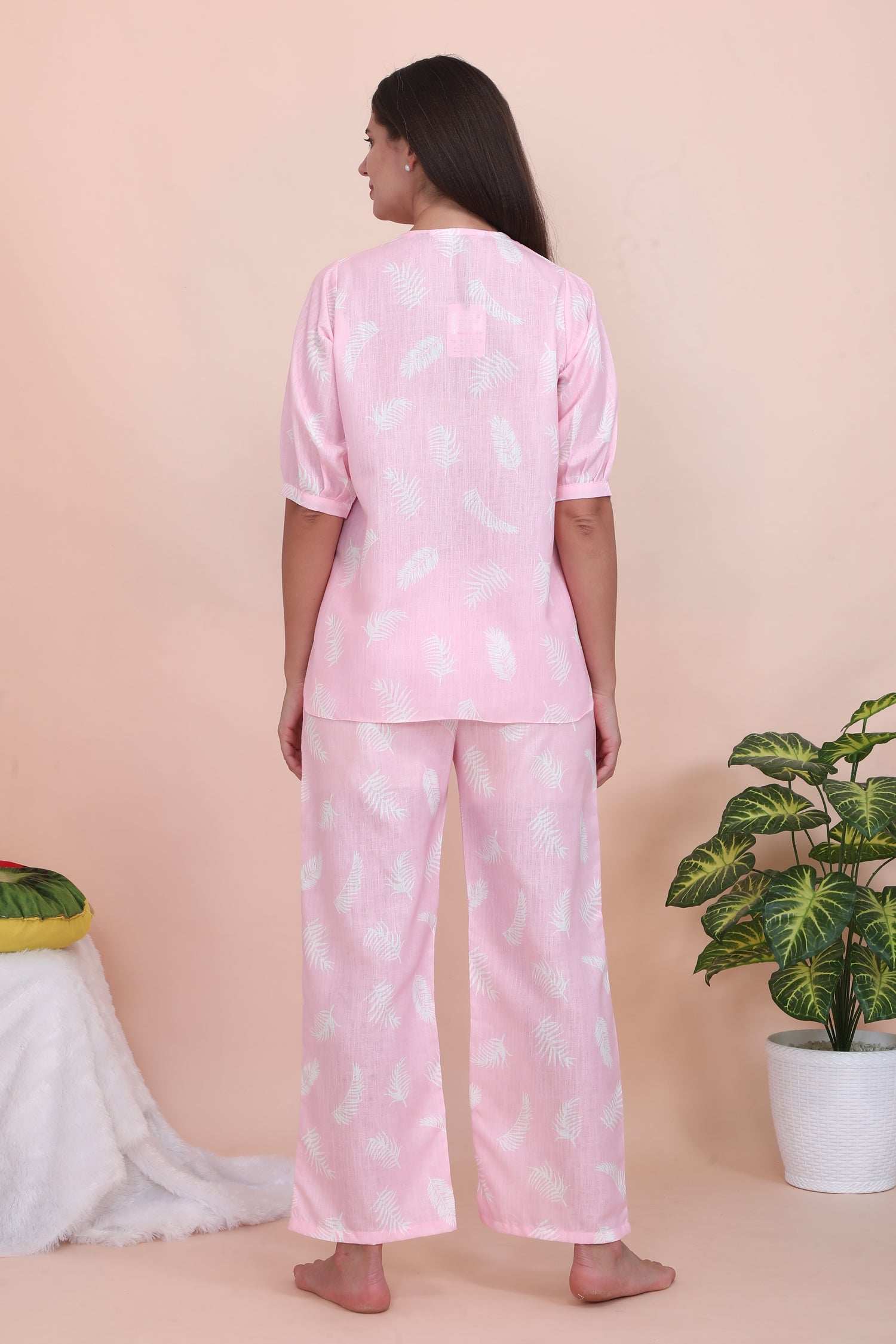 Velure Classic Pink Leaves Print Co-ord Set - Velure - - 3/4 Sleeves, Cotton, Full Length Pant, Linen, V Neck