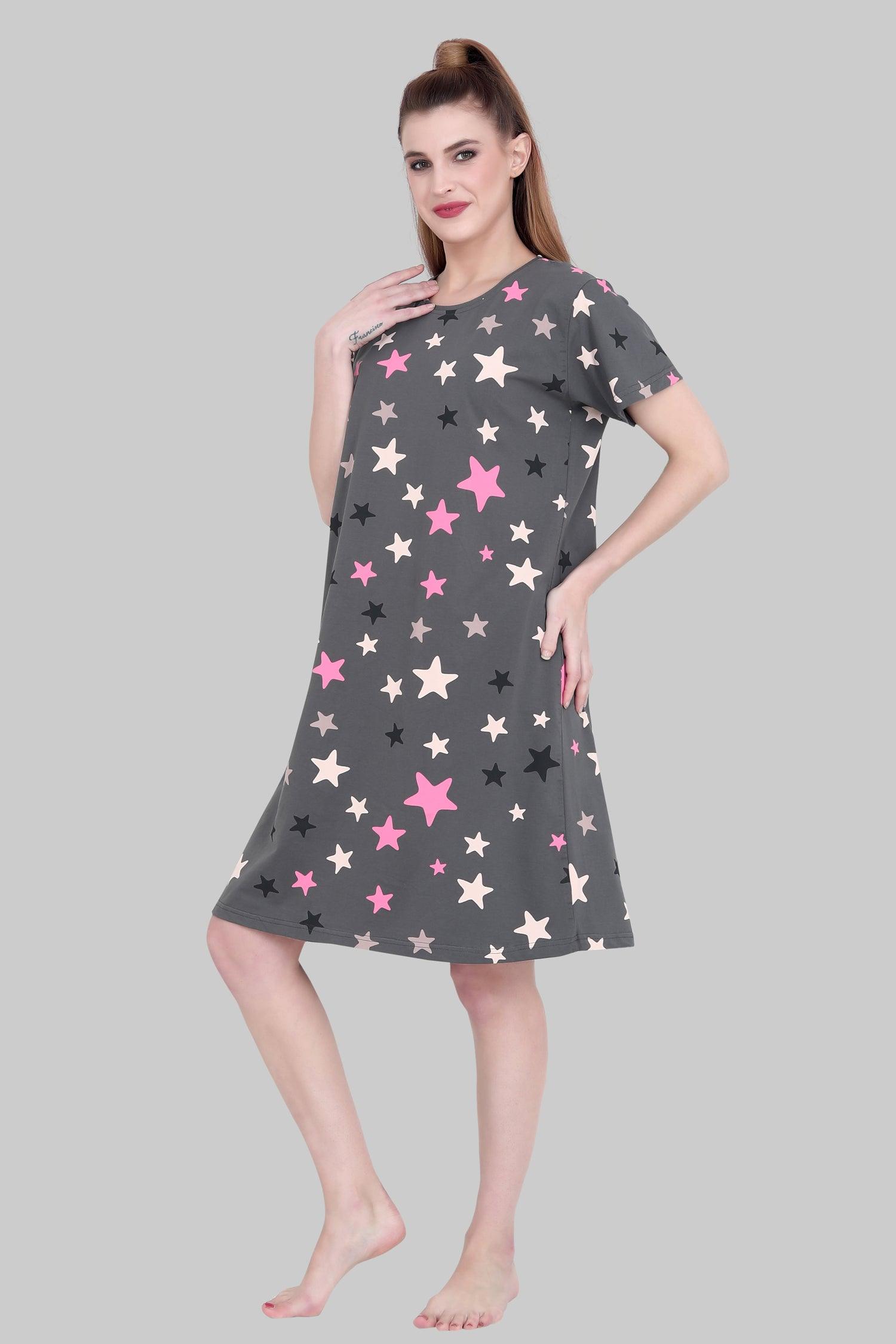 Velure Multi-Color Stars Print Short Nighty - Velure - Short Nighty - Cotton, Half Sleeves, Knee Length, Printed, Round neck