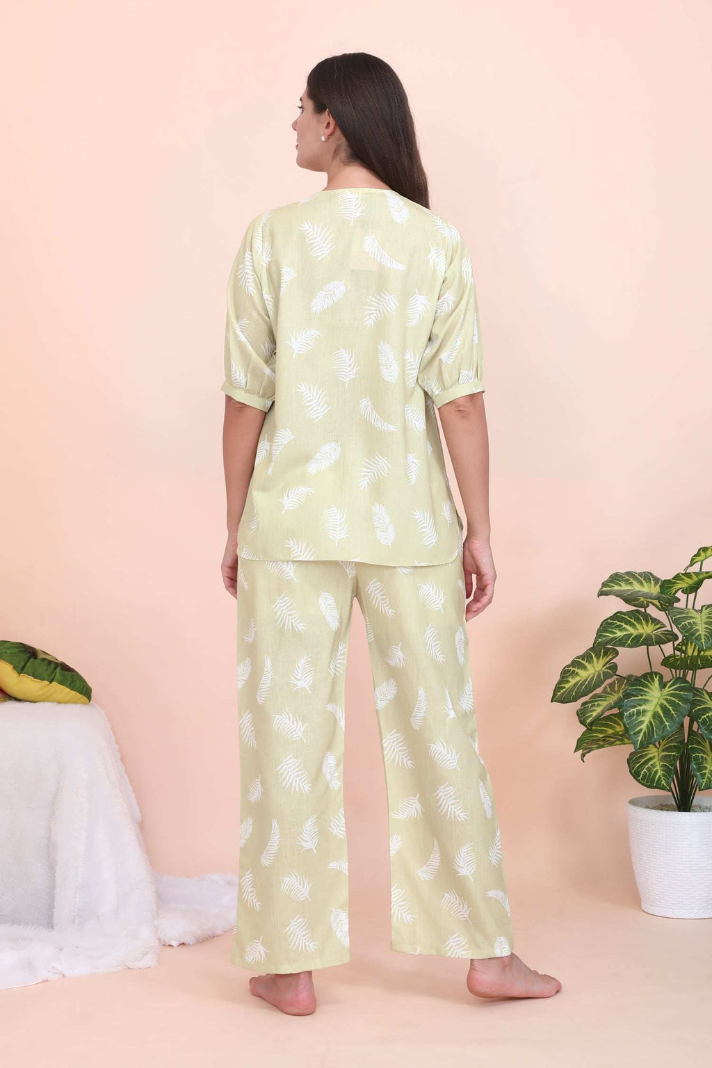 Velure Tunic Leaves Print Co-ord Set - Velure - - 3/4 Sleeves, Cotton, Full Length Pant, Linen, V Neck