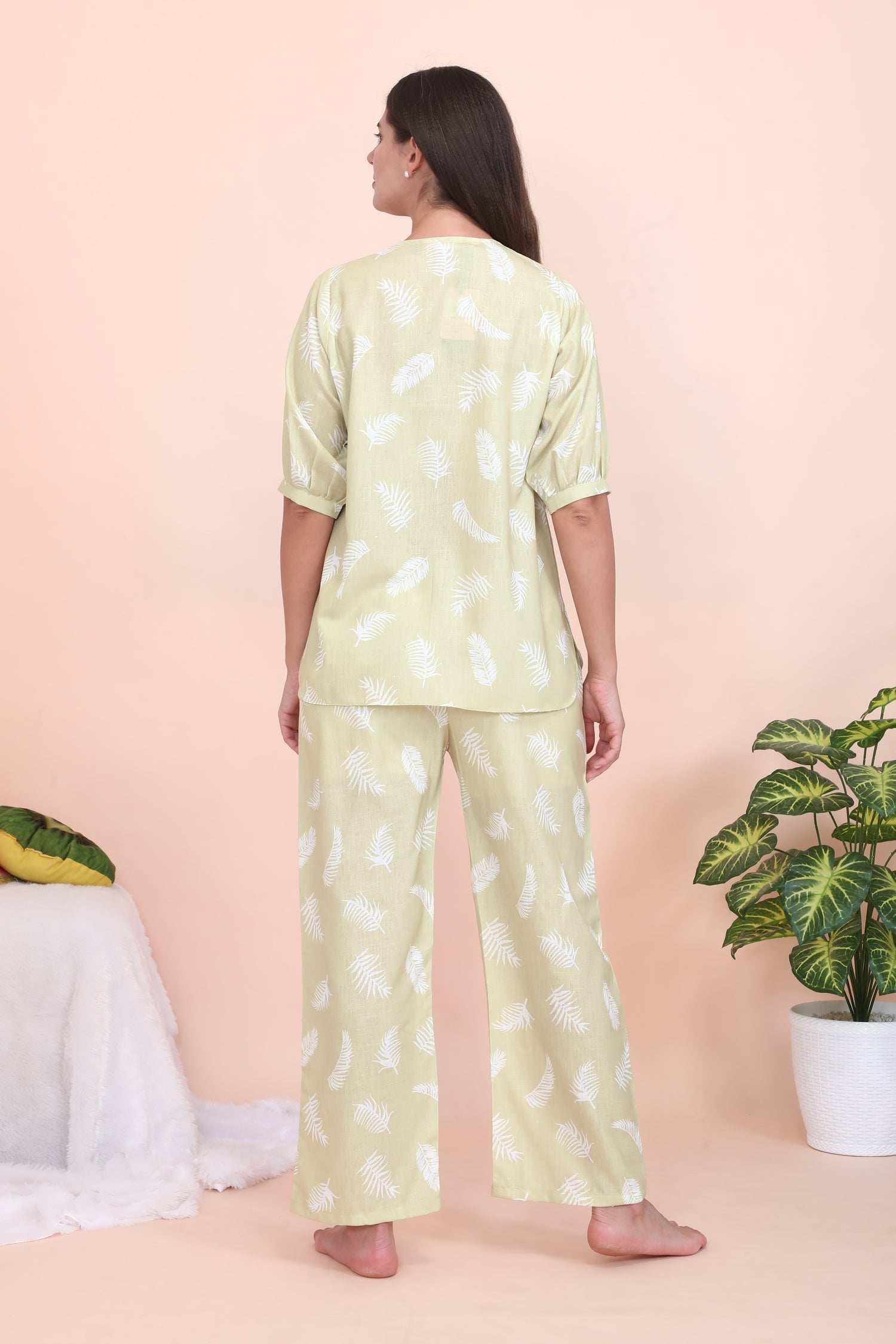 Velure Tunic Leaves Print Co-ord Set - Velure - - 3/4 Sleeves, Cotton, Full Length Pant, Linen, V Neck