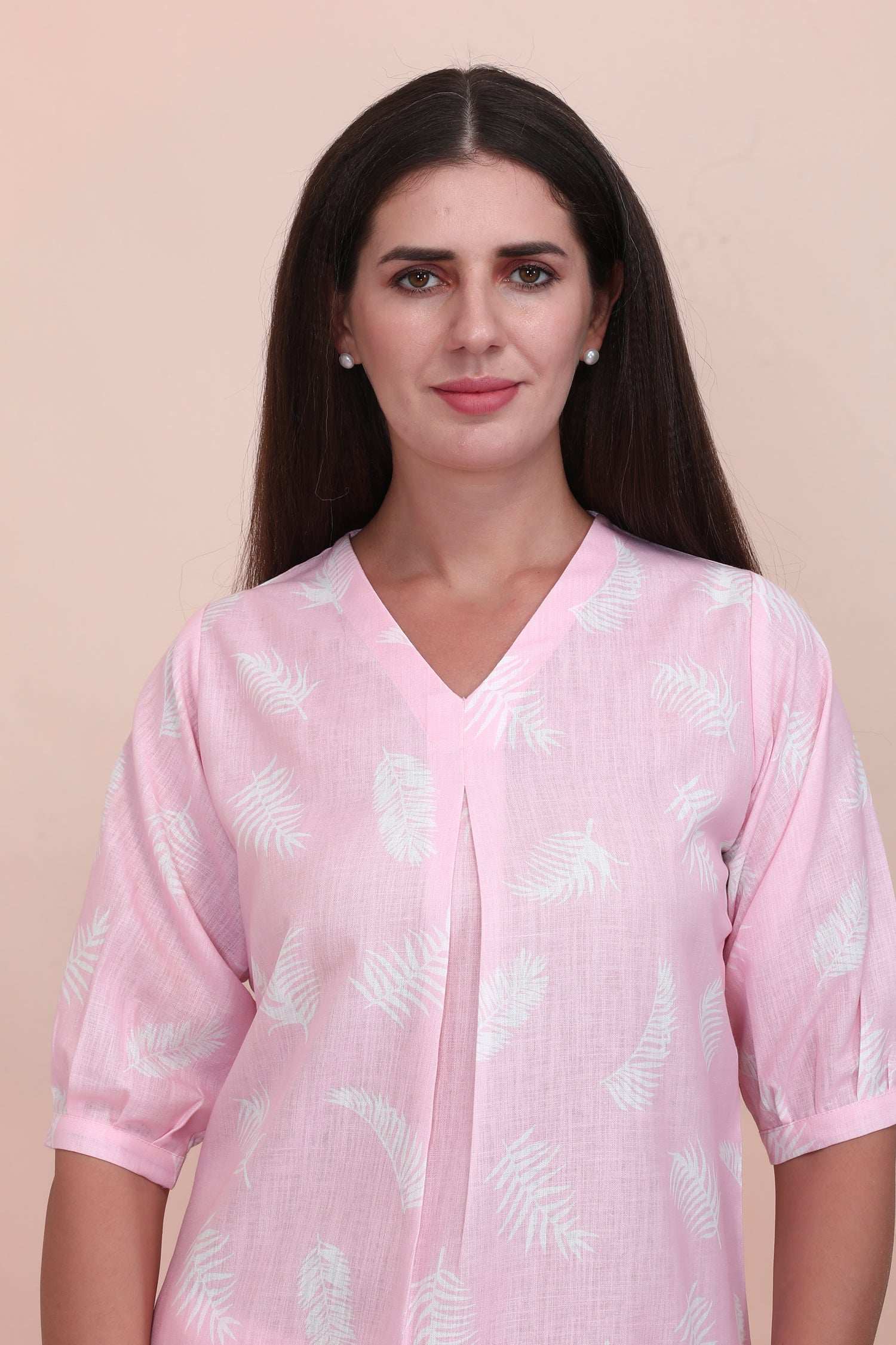 Velure Classic Pink Leaves Print Co-ord Set - Velure - - 3/4 Sleeves, Cotton, Full Length Pant, Linen, V Neck