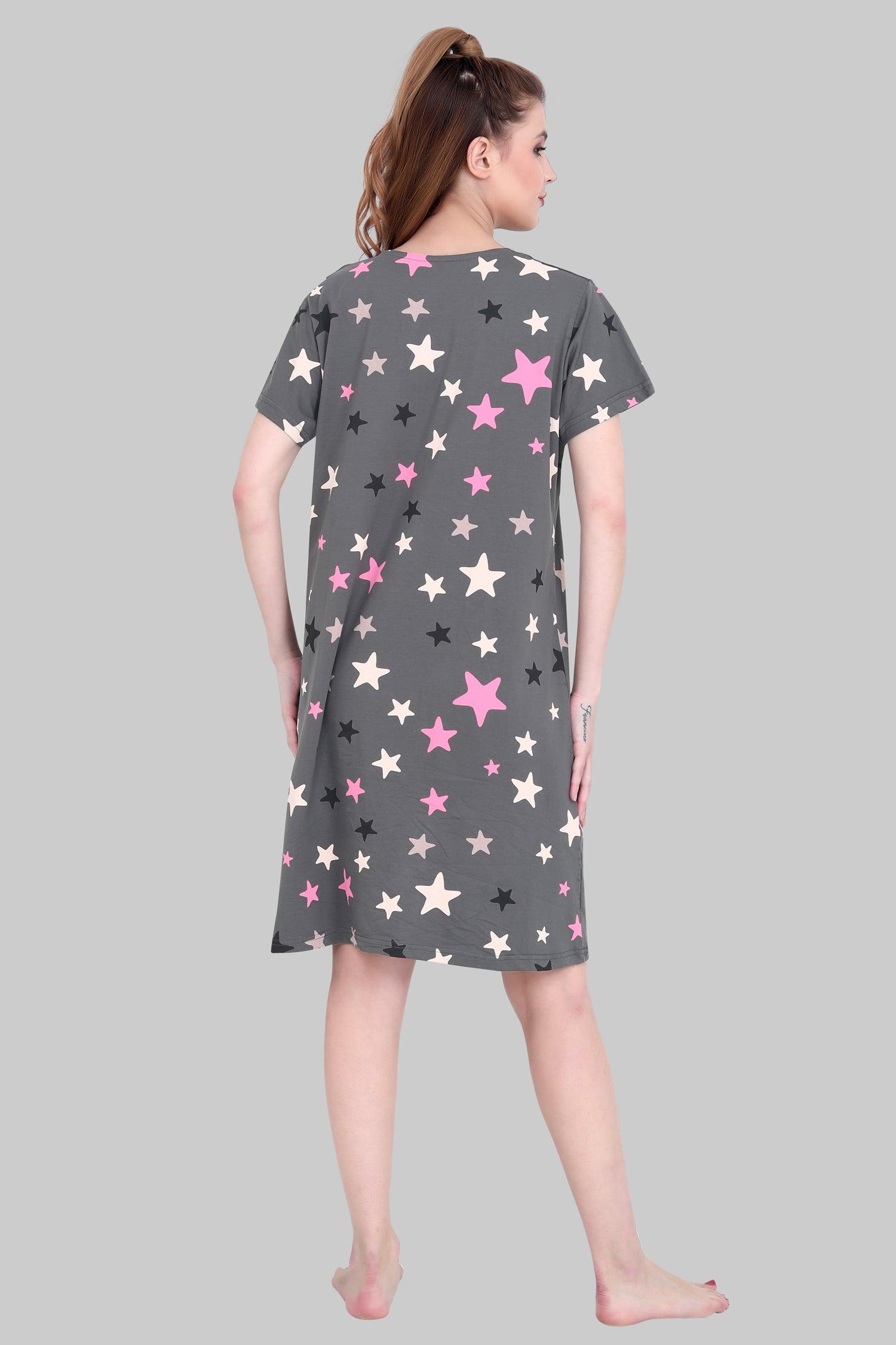 Velure Multi-Color Stars Print Short Nighty - Velure - Short Nighty - Cotton, Half Sleeves, Knee Length, Printed, Round neck