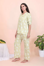 Velure Tunic Leaves Print Co-ord Set - Velure - - 3/4 Sleeves, Cotton, Full Length Pant, Linen, V Neck