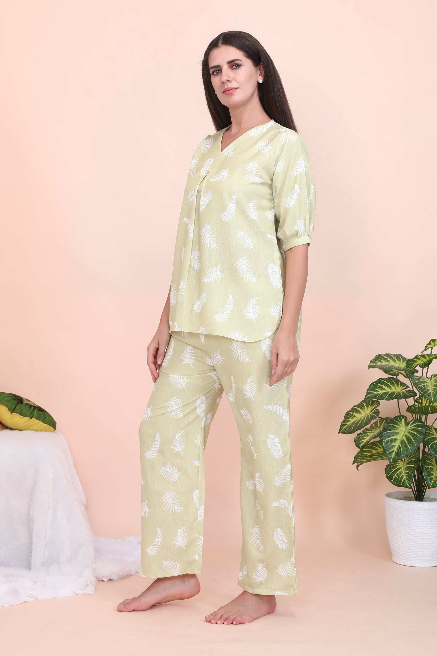Velure Tunic Leaves Print Co-ord Set - Velure - - 3/4 Sleeves, Cotton, Full Length Pant, Linen, V Neck